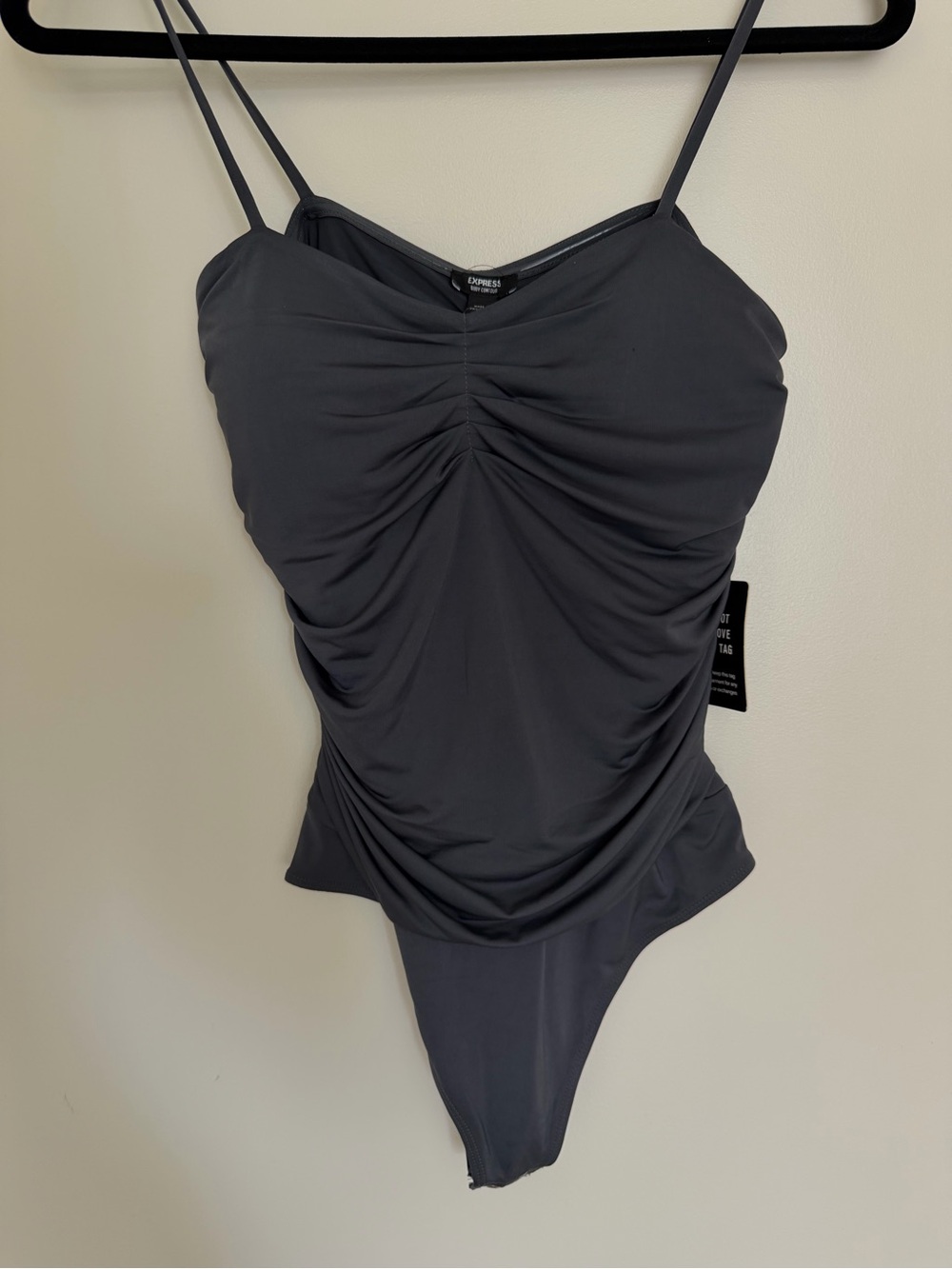 Express Charcoal Gray Ruched Spaghetti-Strap Bodysuit